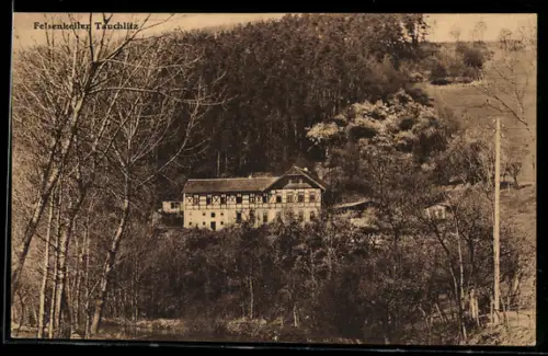 AK Tauchlitz b. Crossen, Gasthaus Felsenkeller mit Umgebung