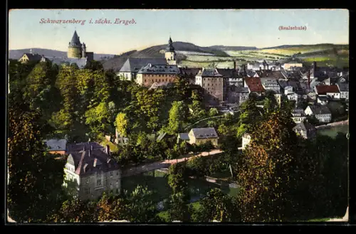 AK Schwarzenberg im sächs. Erzgeb., Gesamtansicht mit Realschule aus der Vogelschau