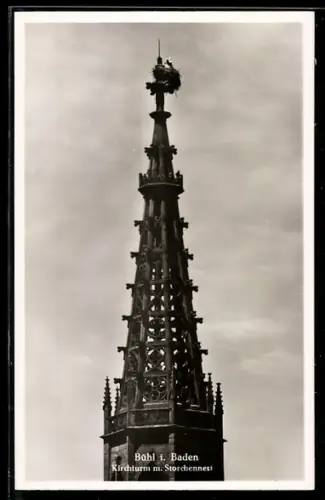AK Bühl i. Baden, Kirchturm mit Storchennest