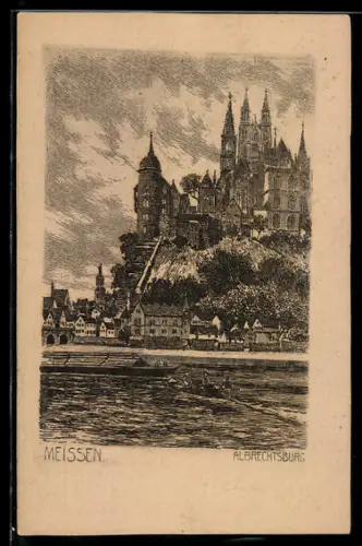 Künstler-AK Meissen, Albrechtsburg mit Umgebung