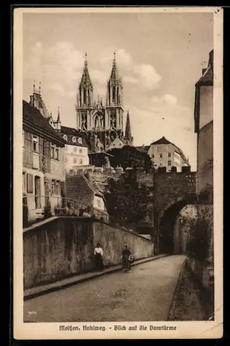 AK Meissen, Hohlweg mit Blick auf die Domtürme