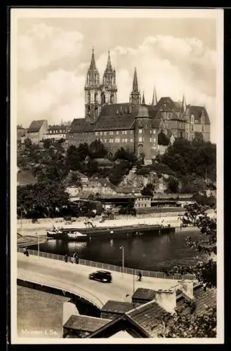 AK Meissen i. Sa., Teilansicht mit Brücke u. Burg
