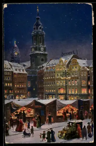 AK Dresden, Partie auf dem Striezelmarkt mit Kreuzkirche und Rathausturm, Volksfest