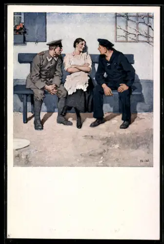 Künstler-AK Brynolf Wennerberg: Soldaten des Heers und der Marine unterhalten sich mit der Dorfschönheit