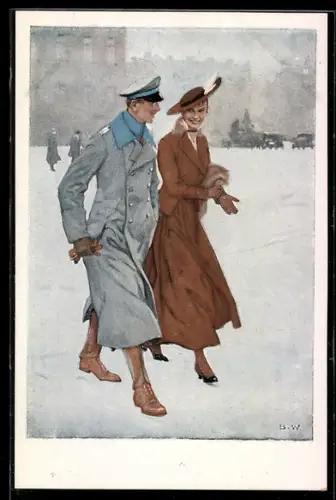 Künstler-AK Brynolf Wennerberg: Junge Frau mit ihrem Liebsten in Uniform bei dem Renommierbummel