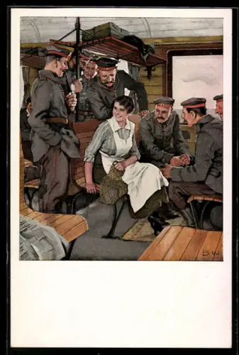 Künstler-AK Brynolf Wennerberg: Urlaubsfahrt, junge Frau mit Soldaten im Eisenbahnabteil