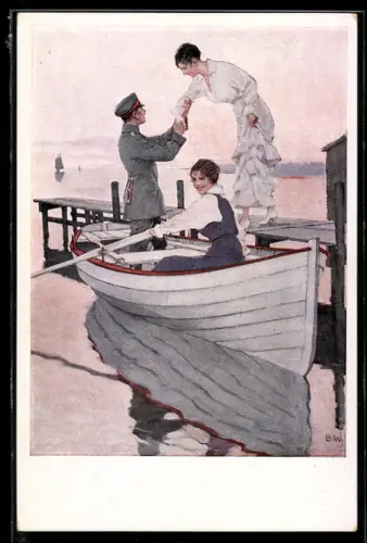 Künstler-AK Brynolf Wennerberg: Heimaturlaub, Leutnant bei Ruderpartie mit Fräuleins