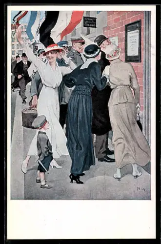 Künstler-AK Brynolf Wennerberg: Soldaten und Passanten freuen sich über Siegesmeldung