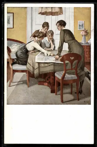 Künstler-AK Brynolf Wennerberg: Strategie, junge Frauen brüten über der Landkarte, Nr. 6