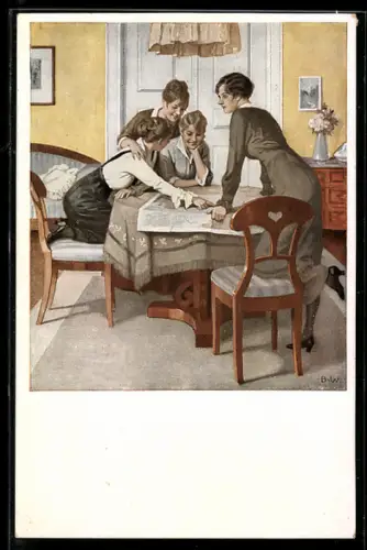 Künstler-AK Brynolf Wennerberg: Strategie, Frauen über einem Lageplan sitzend