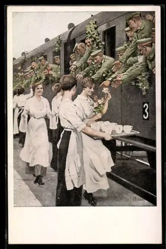 Künstler-AK Brynolf Wennerberg: Erfrischungsstation, Soldaten im Zug werden am Bahnhof verpflegt