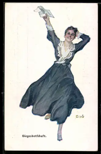Künstler-AK Brynolf Wennerberg: junge Frau hält die Siegesbotschaft in der Hand