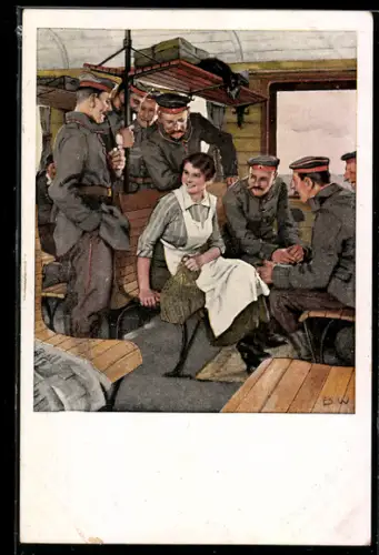 Künstler-AK Brynolf Wennerberg: Urlaubsfahrt, junge Frau mit Soldaten im Eisenbahnabteil