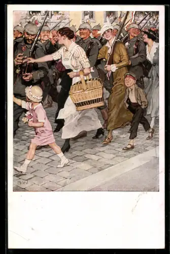 Künstler-AK Brynolf Wennerberg: Ausmarsch, Frau verteilt Würste an marschierende Soldaten