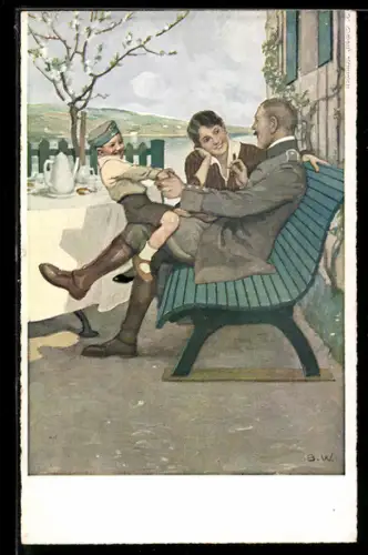 Künstler-AK Brynolf Wennerberg: Soldat mit Frau und Kind an Bank