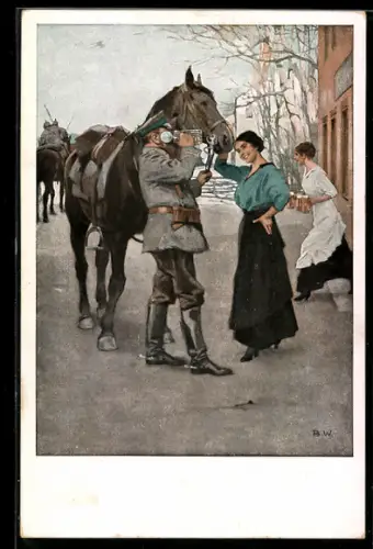 Künstler-AK Brynolf Wennerberg: Frauen bringen durstigen Kavalleristen ein kühles Bier