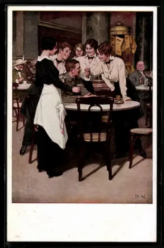 Künstler-AK Brynolf Wennerberg: Kriegspostkarten - Der Stammgast, Junge Damen belagern Soldat in Café