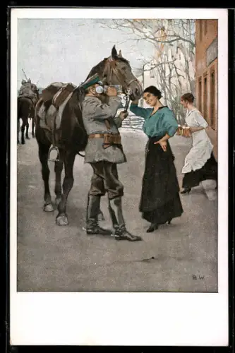 Künstler-AK Brynolf Wennerberg: Frauen bringen durstigen Kavalleristen ein kühles Bier