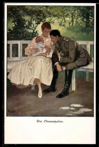 Künstler-AK Brynolf Wennerberg: Der Stammhalter, Soldat und junge Frau sitzen auf einer Bank mit ihrem Baby