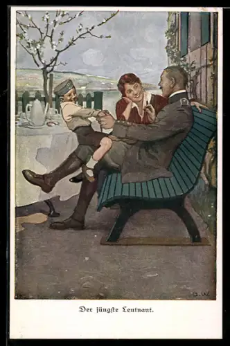 Künstler-AK Brynolf Wennerberg: Der jüngste Leutnant, Soldat mit Frau und Sohn am Tisch