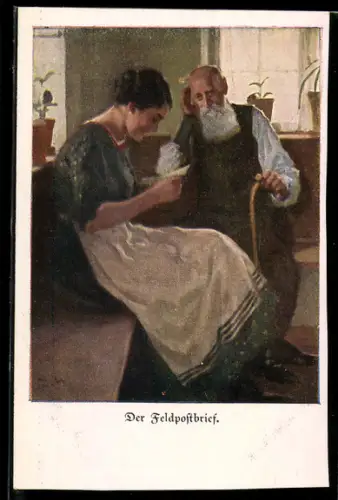 Künstler-AK Brynolf Wennerberg: Junge Frau liest den Feldpostbrief, alter Mann hört zu
