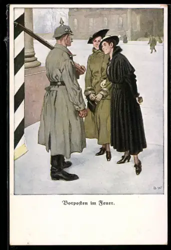 Künstler-AK Brynolf Wennerberg: Vorposten im Fuer, zwei Damen und der Soldat