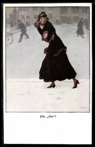Künstler-AK Brynolf Wennerberg: Für Ihn, Frau läuft im Winter mit Paket unterm Arm durch den Schnee