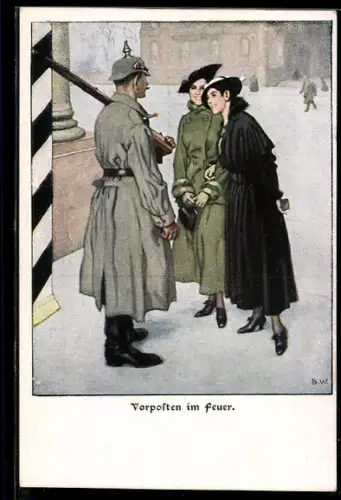 Künstler-AK Brynolf Wennerberg: Vorposten im Fuer, zwei Damen und der Soldat