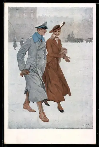 Künstler-AK Brynolf Wennerberg: Junge Frau mit ihrem Liebsten in Uniform bei dem Renommierbummel