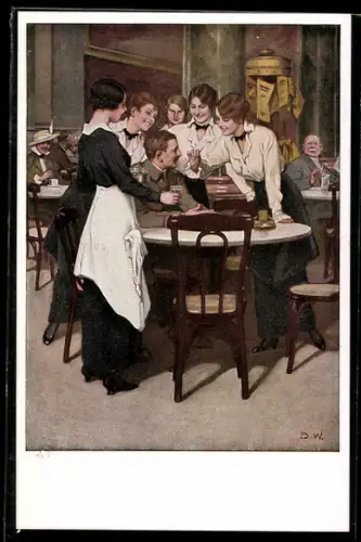 Künstler-AK Brynolf Wennerberg: Kriegspostkarten - Der Stammgast, Junge Damen belagern Soldat in Café