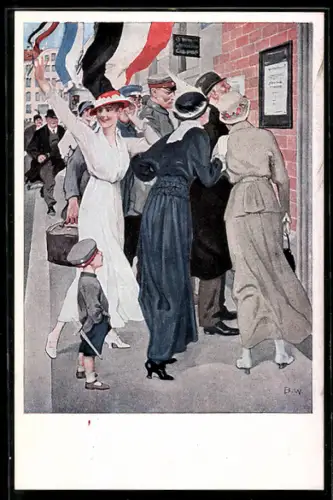 Künstler-AK Brynolf Wennerberg: Soldaten und Passanten freuen sich über Siegesmeldung