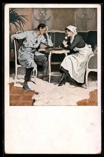 Künstler-AK Brynolf Wennerberg: Krankenschwester mit Verwundeten beim Schachspiel