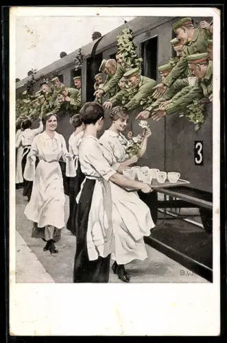 Künstler-AK Brynolf Wennerberg: Erfrischungsstation, Soldaten im Zug werden am Bahnhof verpflegt