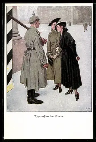 Künstler-AK Brynolf Wennerberg: Vorposten im Fuer, zwei Damen und der Soldat