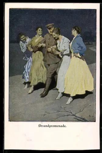 Künstler-AK Brynolf Wennerberg: Soldat in den Armen von jungen Frauen beim Spaziergang auf der Strandpromenade