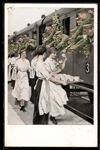 Künstler-AK Brynolf Wennerberg: Erfrischungsstation, Soldaten im Zug werden am Bahnhof verpflegt