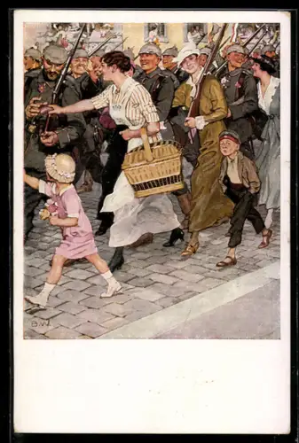 Künstler-AK Brynolf Wennerberg: Ausmarsch, Frau verteilt Würste an marschierende Soldaten