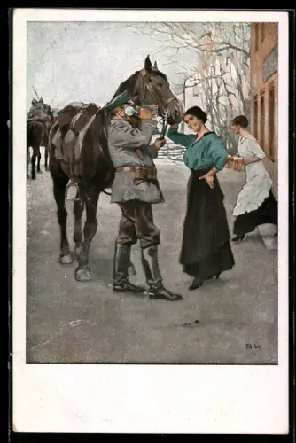 Künstler-AK Brynolf Wennerberg: Frauen bringen durstigen Kavalleristen ein kühles Bier