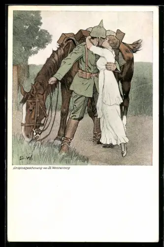 Künstler-AK Brynolf Wennerberg: Kavallerist küsst sein Mädchen