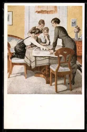 Künstler-AK Brynolf Wennerberg: Strategie, Frauen über einem Lageplan sitzend