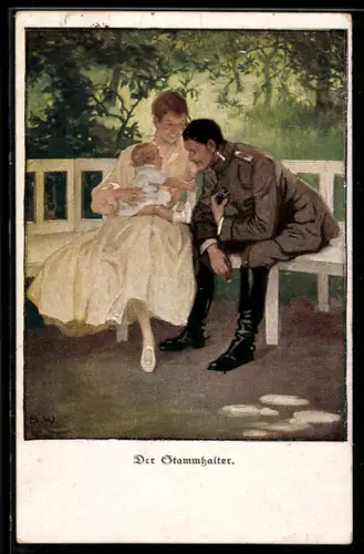 Künstler-AK Brynolf Wennerberg: Vater in Uniform betrachtet seinen Stammhalter