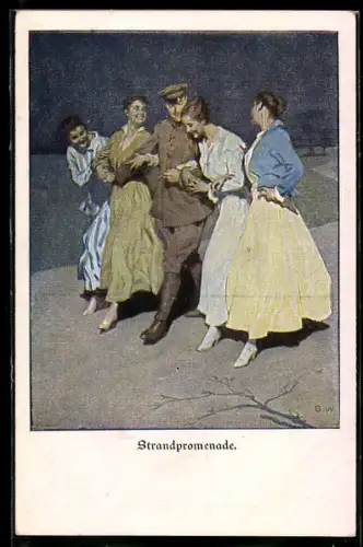 Künstler-AK Brynolf Wennerberg: Soldat in den Armen von jungen Frauen beim Spaziergang auf der Strandpromenade