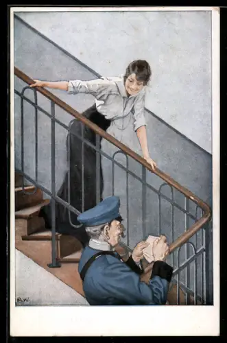 Künstler-AK Brynolf Wennerberg: Kriegskarte Nr. 5, Frau und Briefträger im Treppenhaus, Feldpost ist da!