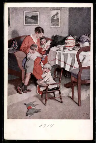 Künstler-AK Brynolf Wennerberg: Kriegspostkarte Nr. 9, Gute Nachrichten von der Front, Familie liest den Brief