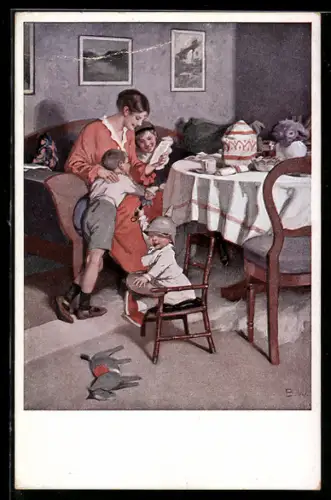 Künstler-AK Brynolf Wennerberg: Kriegspostkarte Nr. 9, Gute Nachrichten von der Front, Familie liest den Brief