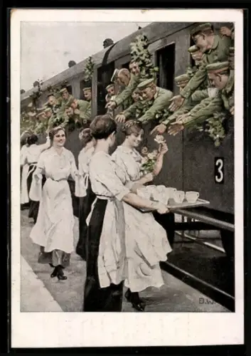 Künstler-AK Brynolf Wennerberg: Frauen mit Getränken für Soldaten im Zug