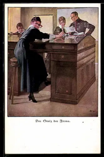 Künstler-AK Brynolf Wennerberg: Soldat in Uniform besucht junge Damen im Büro einer Firma