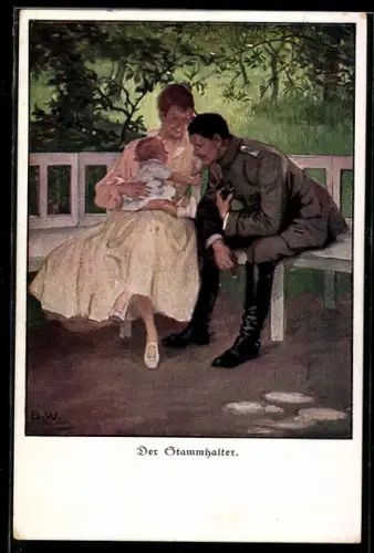 Künstler-AK Brynolf Wennerberg: Der Stammhalter, Soldat und junge Frau sitzen auf einer Bank mit ihrem Baby