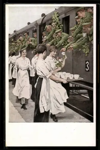 Künstler-AK Brynolf Wennerberg: Erfrischungsstation, Soldaten im Zug werden am Bahnhof verpflegt