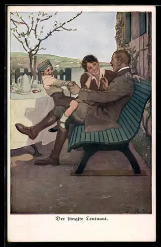 Künstler-AK Brynolf Wennerberg: Der jüngste Leutnant, Soldat mit Frau und Sohn am Tisch